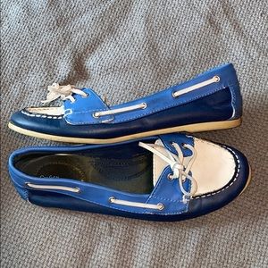 Blue and white boat shoes